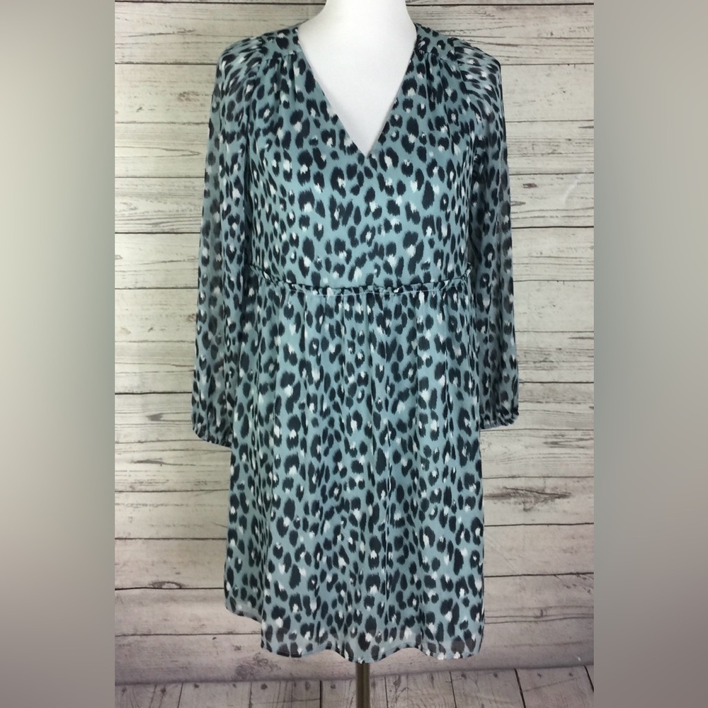 Ann Taylor LOFT Women Leopard Print V-Neck Long Sleeve Lined Swing Dress